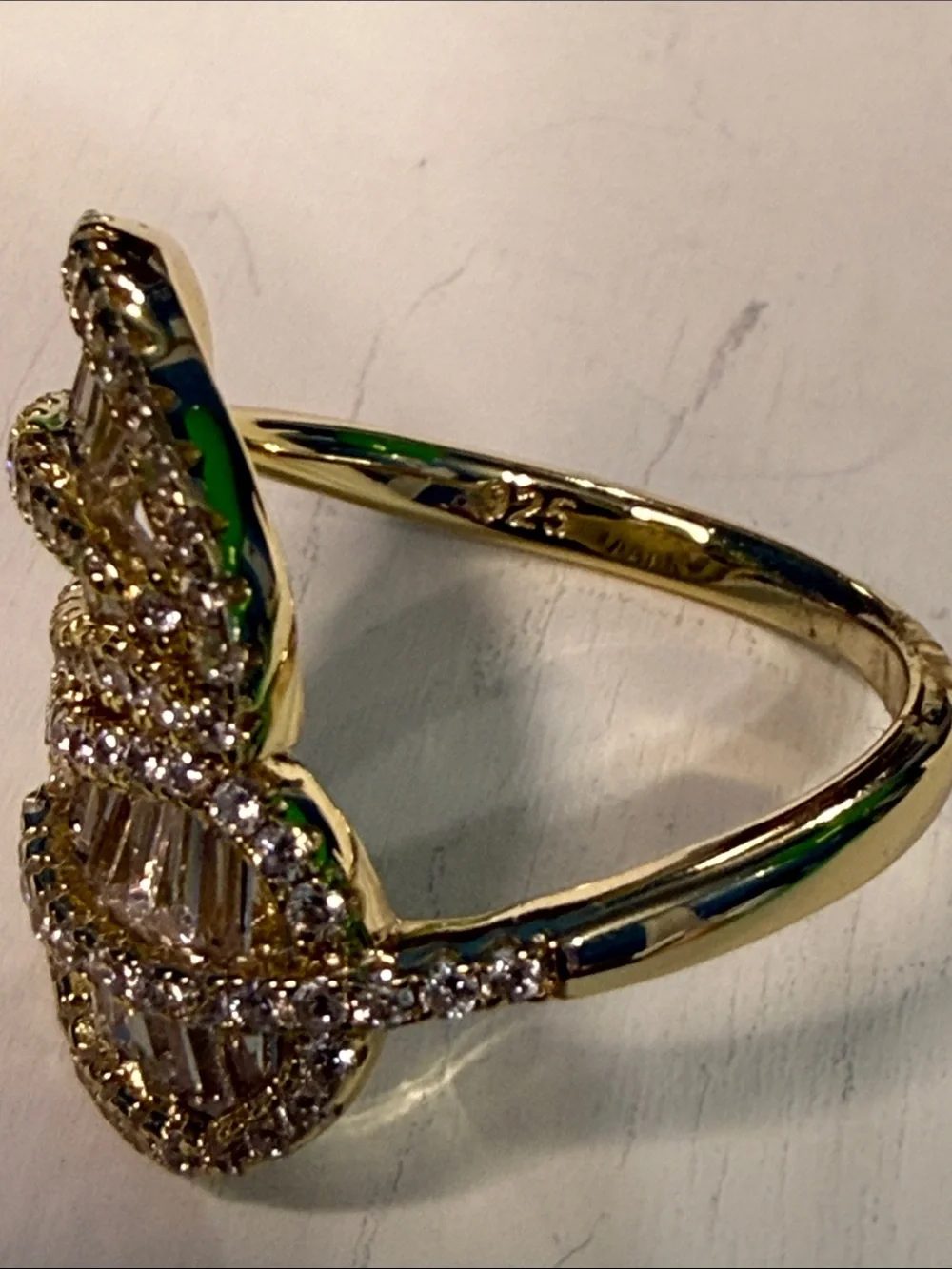 Stamped .925 Sterling Silver with Gold Vermeil Leaf Ring with Baguettes CZ